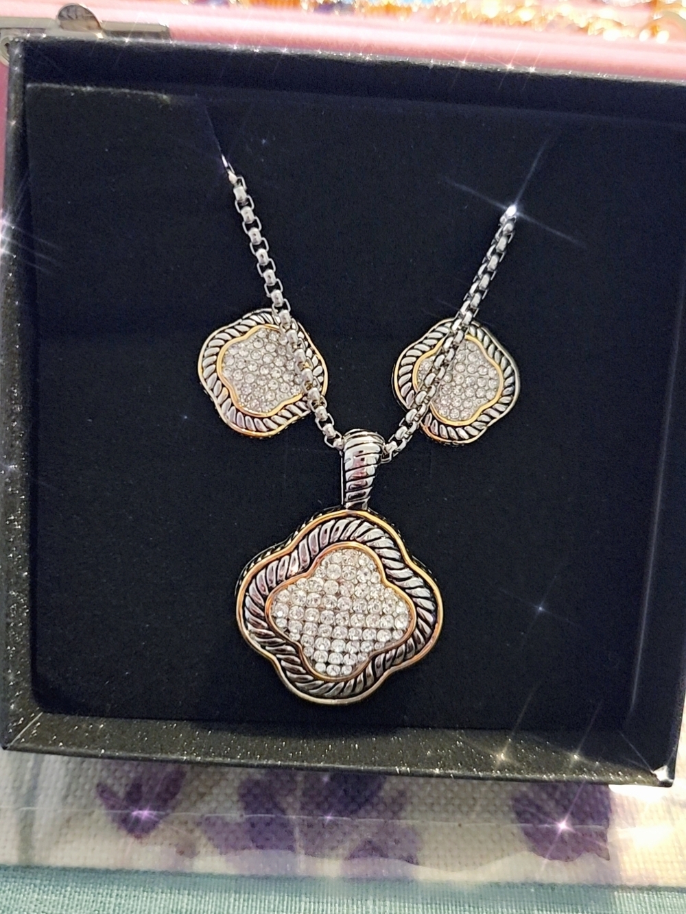 Silver and Gold-Tone Pave Flower Pendant Necklace Set